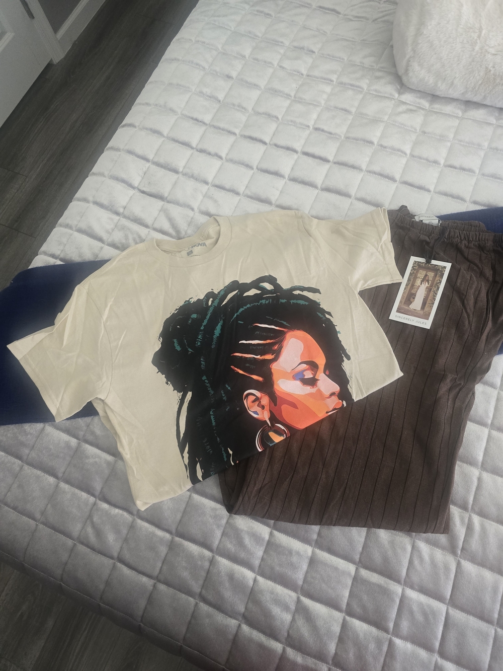 Graphic Tee with Portrait Print - Beige And Brown with Black Pin Stripped Pants.